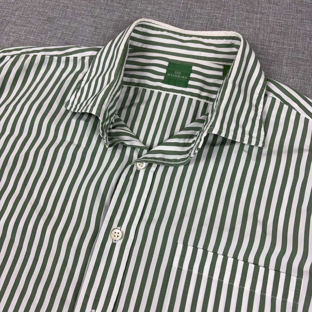 Sid Mashburn Shirt Mens Large Green White Stripe Regular Fit Dress Long Sleeve